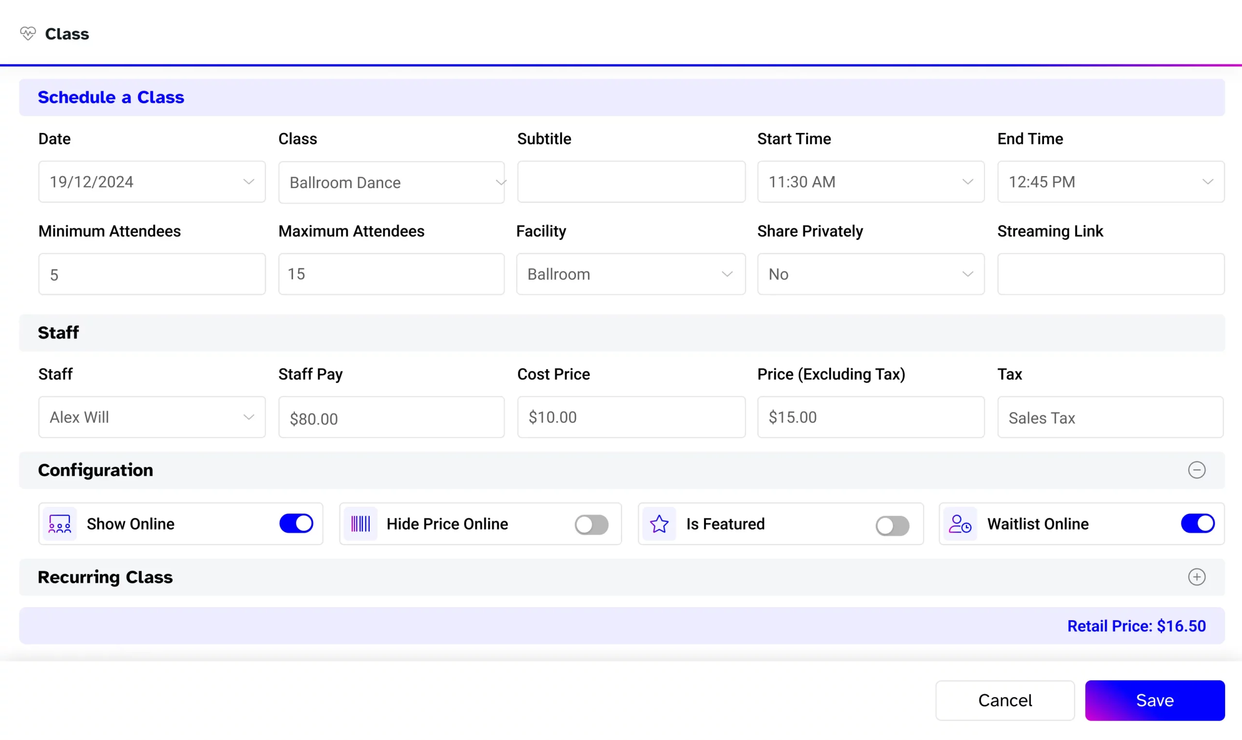 Dance studio class scheduler