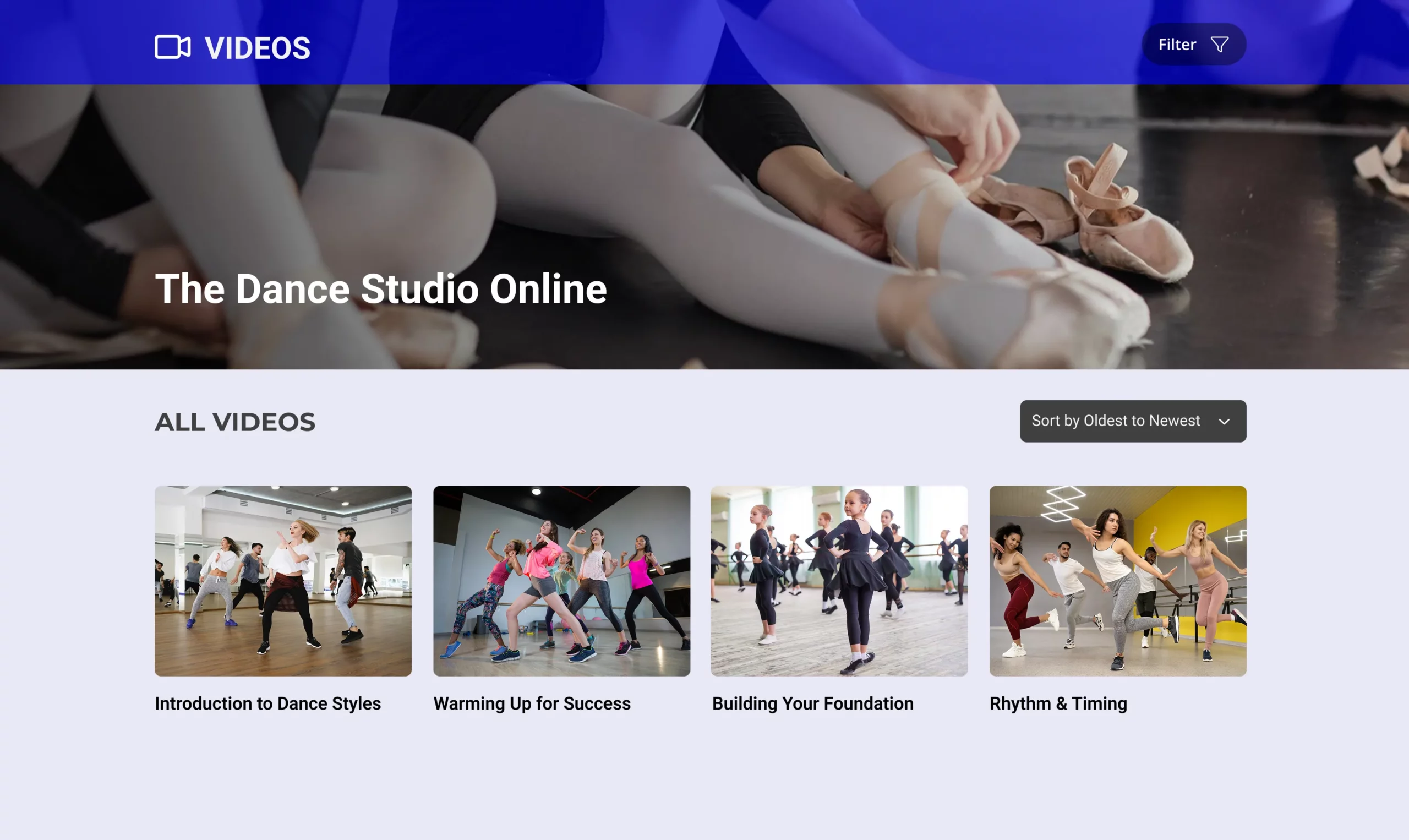 Dance studio video on demand course dashboard