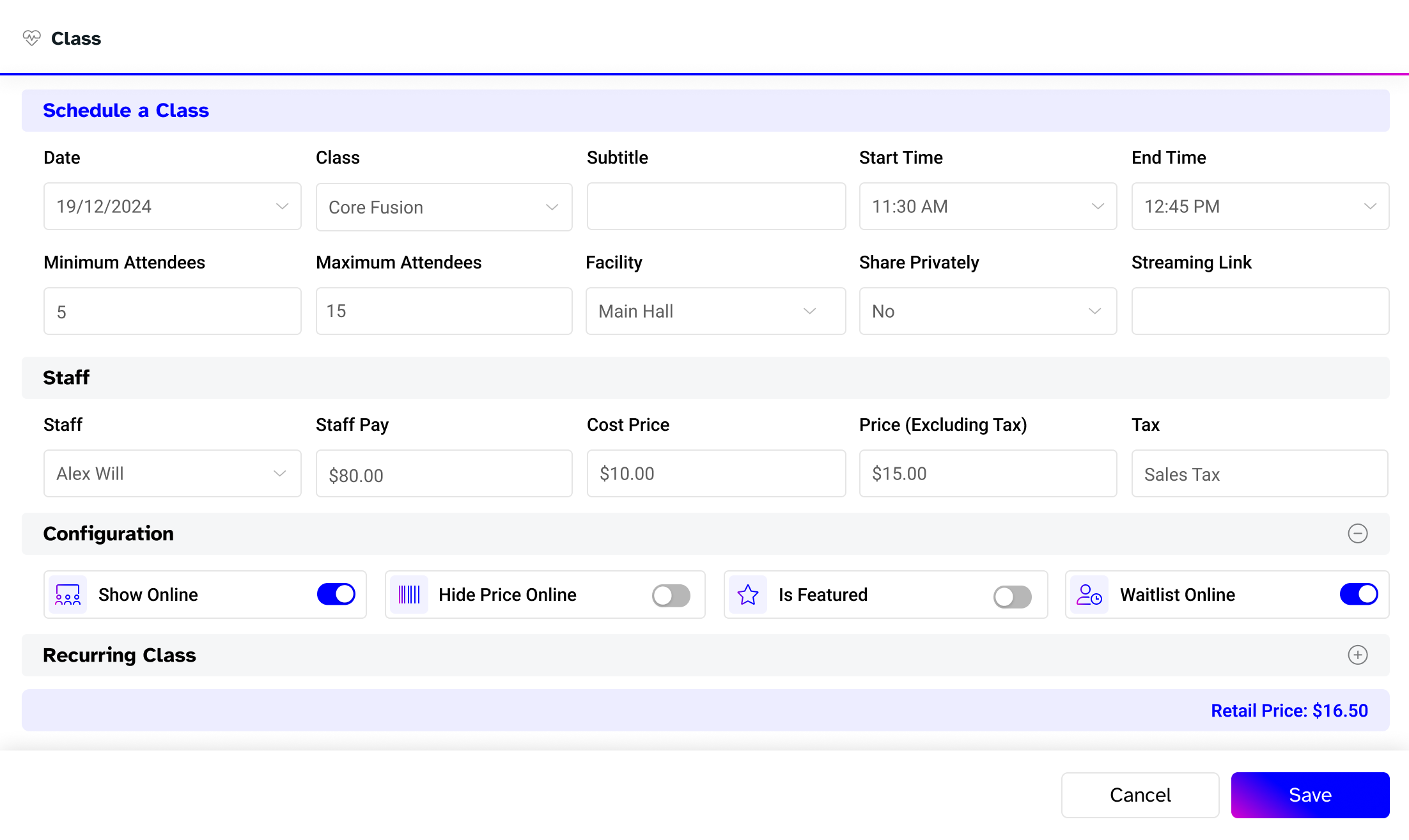 Fitness studio class scheduler