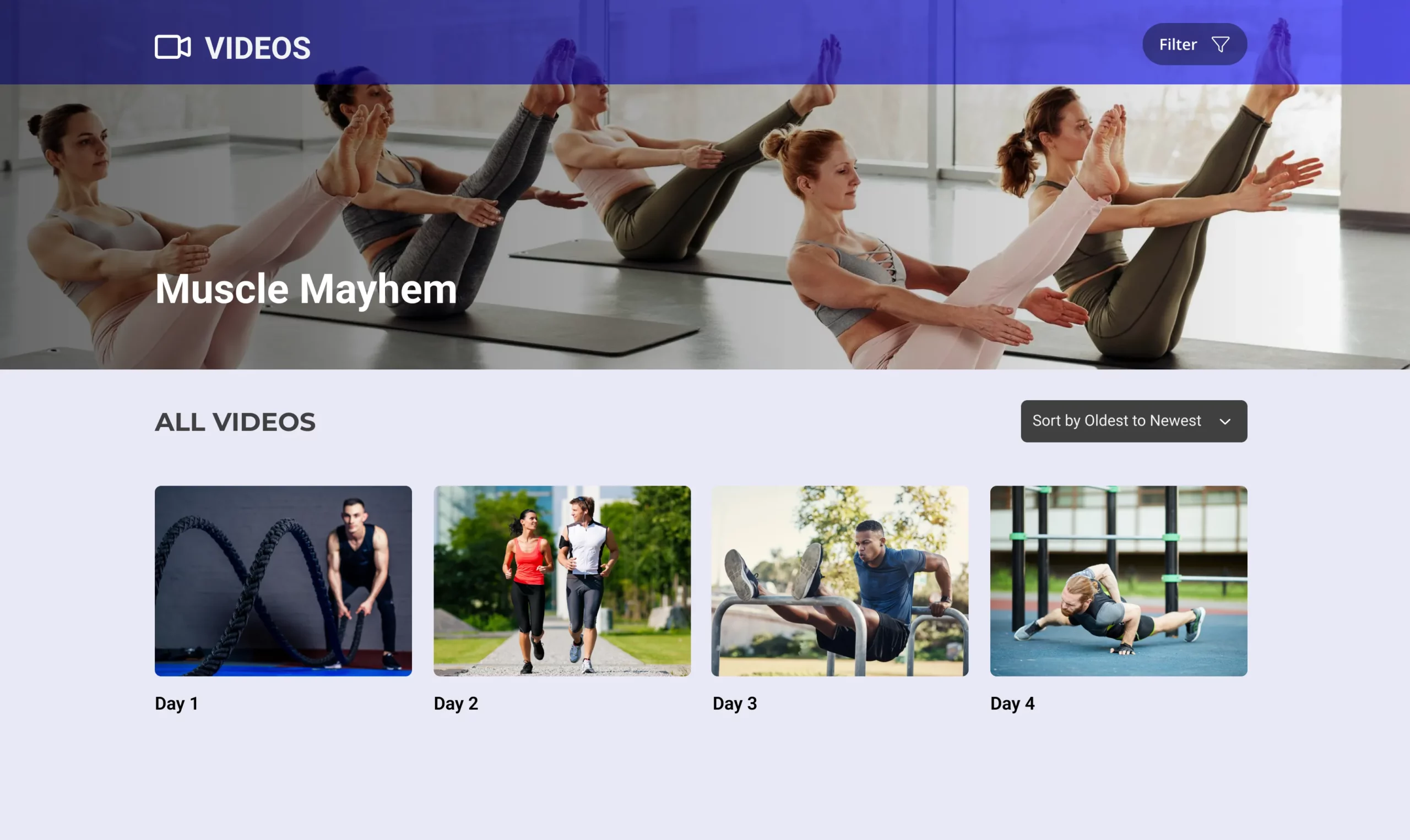 Fitness studio video on demand course dashboard