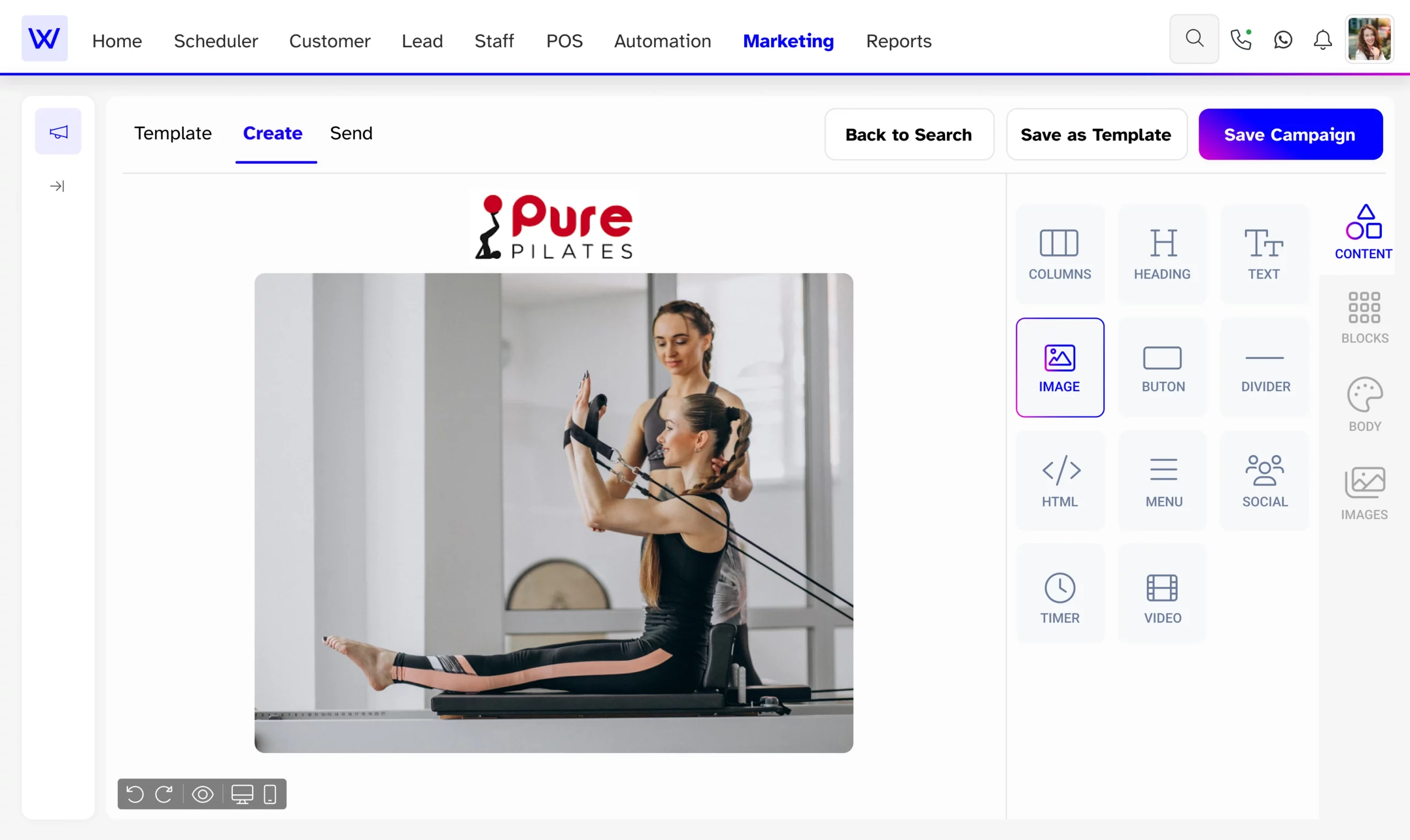 Pilates studio marketing dashboard