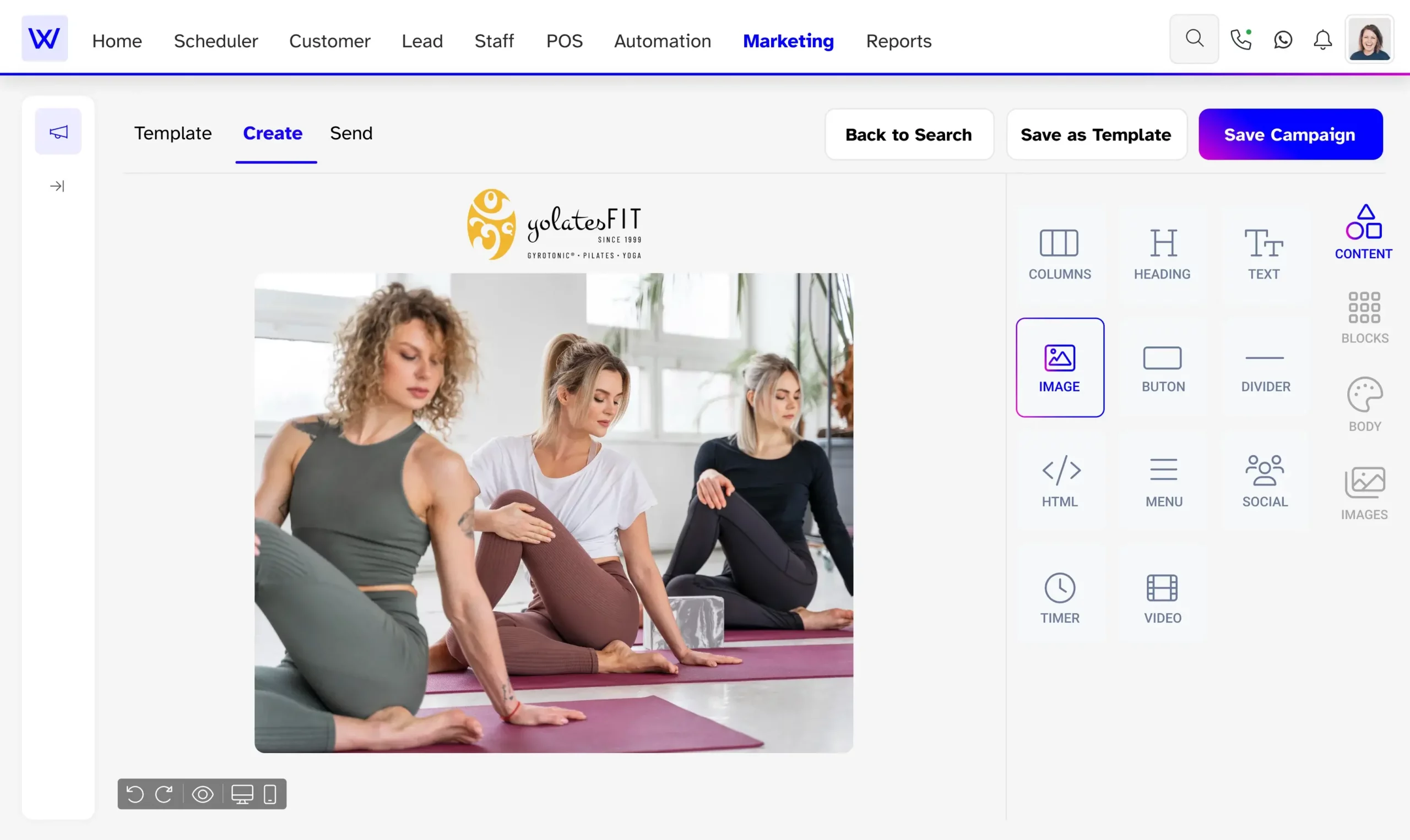 Yoga marketing software